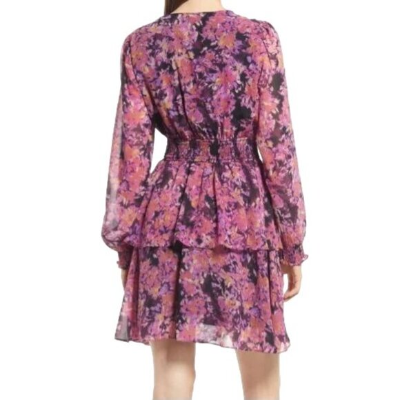 NEW VERO MODA‎ Britt Ruffle Long Sleeve Dress in Black/Purple Multi, Size M - Picture 2 of 14